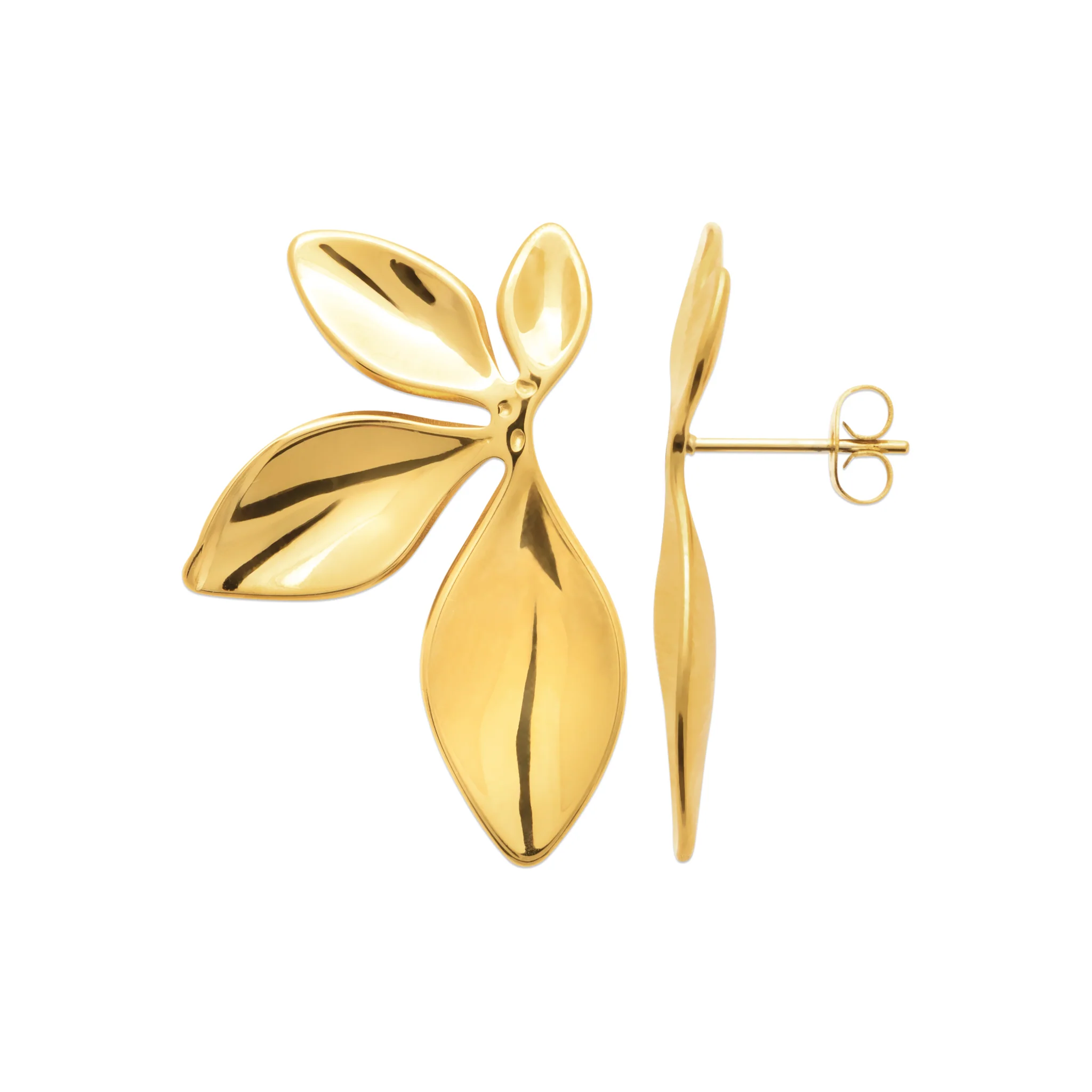 Boucles d’oreilles feuilles en acier doré – bijou élégant et naturel – Image 2