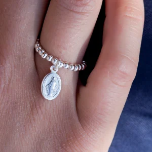 Bague médaille vierge Marie en perles d'argent