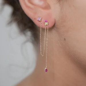 Boucle d'oreille double trous & strass coloré plaqué or