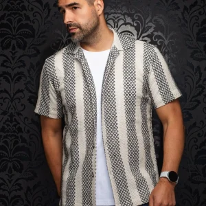 CHEMISE MANCHES COURTES COL OUVERT | RAJ-T, Cream Black