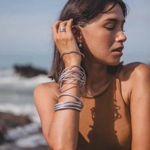 Jonc bouddhiste porte-bonheur argenté, bracelet tibétain